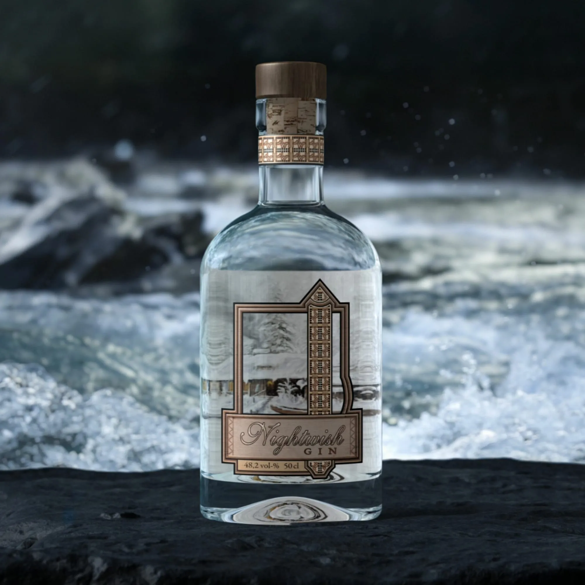 Una bottiglia di Nightwish Gin tra rocce e acqua