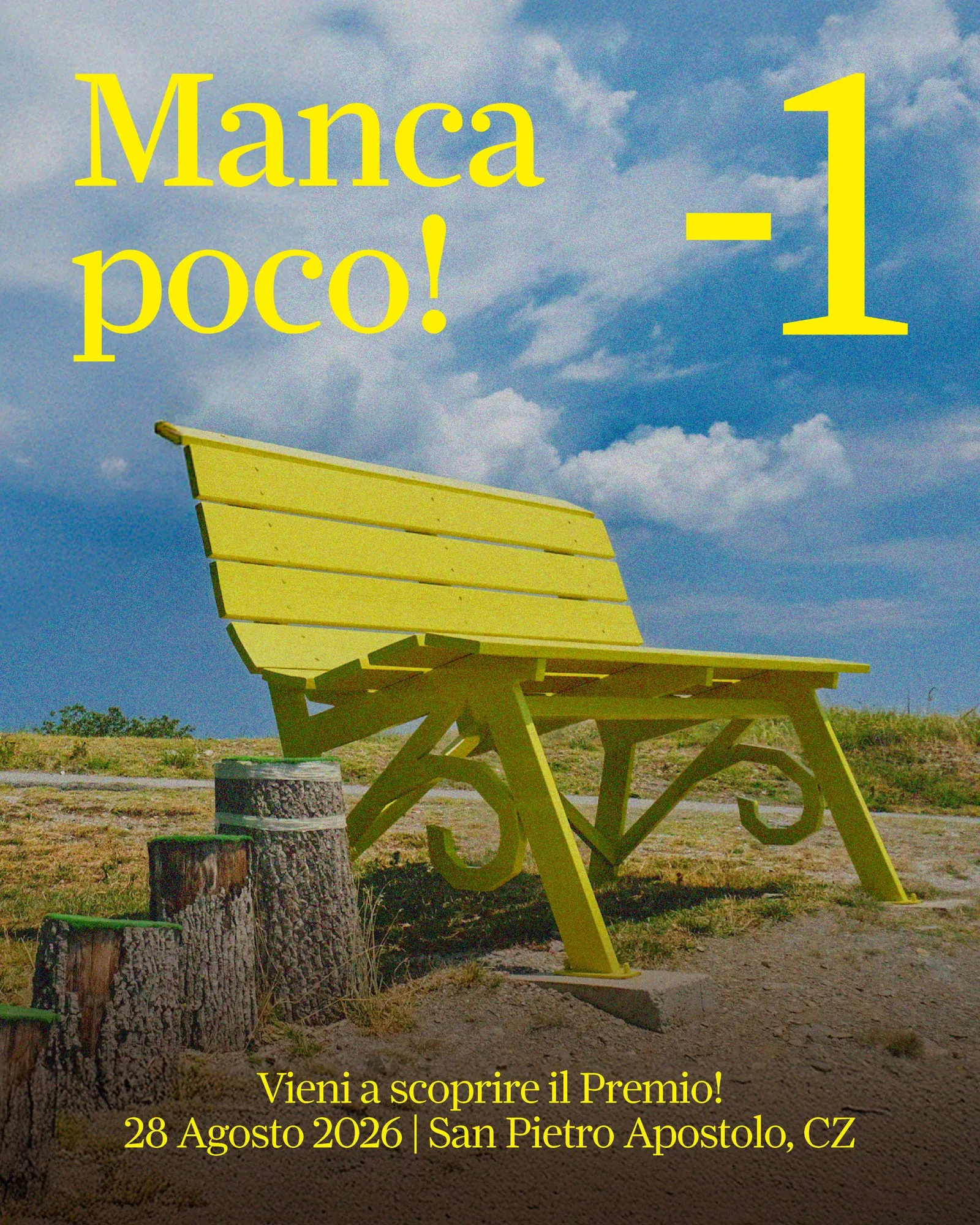 Grafica del conto alla rovescia con la panchina gialla affacciata sulla valle